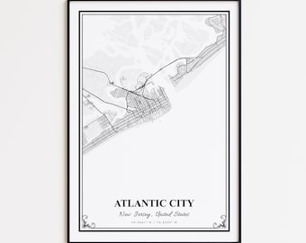 Impression de carte d'Atlantic City, affiche d'art mural d'Atlantic City dans le New Jersey, carte des rues personnalisée d'Atlantic City, impression de carte moderne d'Atlantic City