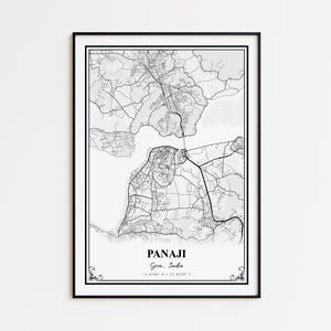 May include: A framed black and white map print of Panaji, Goa, India. The map shows the city's roads and waterways. The city name and coordinates are printed at the bottom of the map.