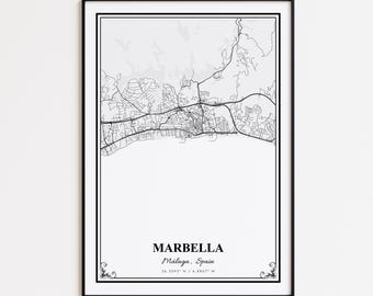 Marbella kaart print, Marbella Málaga muurkunst poster, Marbella aangepaste stratenkaart, Marbella kaart cadeau, Marbella wegenkaart poster