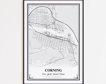 Impression carte Corning, affiche d'art mural Corning New York, carte des rues personnalisée Corning, cadeau carte Corning, impression carte moderne Corning