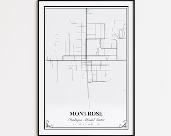 Montrose kaart afdrukken, Montrose Michigan muur kunstposter, Montrose aangepaste stratenkaart, Montrose moderne kaart afdrukken, Montrose kaart cadeau