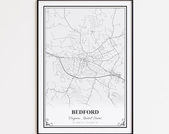 Stampa della mappa di Bedford, poster da parete di Bedford, Virginia, mappa stradale personalizzata di Bedford, stampa della mappa moderna di Bedford, regalo con mappa di Bedford