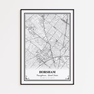 Könnte beinhalten: Gerahmter Schwarz-Weiß-Kartendruck von Horsham, Pennsylvania, USA. Die Karte zeigt die Straßen und Infrastruktur der Stadt. Der Name der Stadt und die Koordinaten sind unten auf der Karte aufgedruckt.