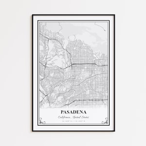 May include: Framed black and white map print of Pasadena, California, United States. The map details the city's streets and topography. The city name and coordinates are printed at the bottom.