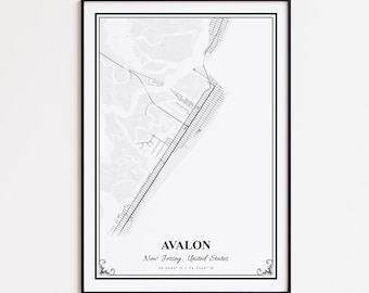 Avalon Karte Druck, Avalon New Jersey Wand Kunst Poster, Avalon Benutzerdefinierte Straßenkarte, Avalon Straßenkarte Poster, Avalon Karte Geschenk
