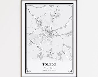 Toledo Map Print, Toledo Spain Wall Art Poster, Toledo Custom Street Map, Toledo Map Gift, Toledo Road Map Poster, Toledo Modern Map Print