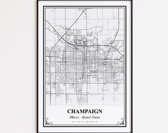Impression de carte de Champagne, affiche d'art mural Champagne Illinois, carte des rues personnalisée Champagne, affiche de carte routière de Champagne, impression de carte moderne de Champagne