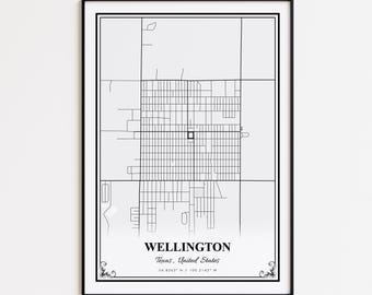 Wellington Map Print, Wellington Texas Wall Art Poster, Wellington Custom Street Map, Wellington Modern Map Print, Wellington Map Gift