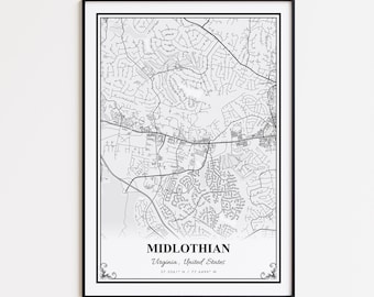 Midlothian Karte Druck, Midlothian Virginia Wand Kunst Poster, Midlothian Custom Straßenkarte, Midlothian moderne Karte Druck, Midlothian Karte Geschenk