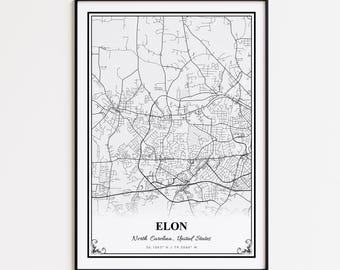 Elon Karte Druck, Elon North Carolina Wand Kunst Poster, Elon Benutzerdefinierte Straßenkarte, Elon Karte Geschenk, Elon Straßenkarte Poster, Elon moderne Karte Druck