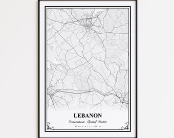 Lebanon Map Print, Lebanon Connecticut Wall Art Poster, Lebanon Custom Street Map, Lebanon Road Map Poster, Lebanon Map Gift