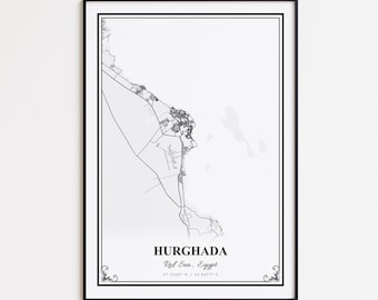 Impression de carte d'Hurghada, affiche d'art mural mer rouge d'Hurghada, plan des rues personnalisé d'Hurghada, affiche de carte routière d'Hurghada, cadeau carte d'Hurghada