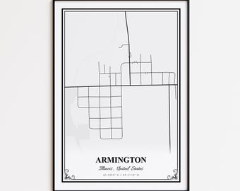 Impression de carte d'Armington, affiche d'art mural Armington Illinois, carte des rues personnalisée d'Armington, affiche de carte de route d'Armington, cadeau de carte d'Armington