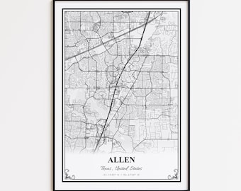 Allen Map Print, Allen Texas Wall Art Poster, Allen Custom Street Map, Allen Map Gift, Allen Road Map Poster, Allen Modern Map Print