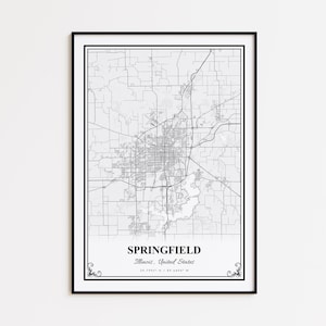 Könnte beinhalten: Ein gerahmter Schwarz-Weiß-Kartendruck von Springfield, Illinois, USA. Die Karte zeigt das Layout der Stadt mit Straßen und Wegen. Der Name der Stadt und die Koordinaten sind unten aufgedruckt.