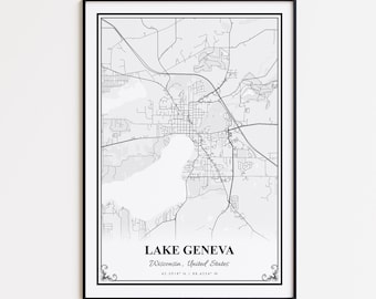Lake Geneva Map Print, Lake Geneva Wisconsin Wall Art Poster, Lake Geneva Custom Street Map, Lake Geneva Map Gift