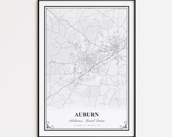 Impression de carte Auburn, Auburn Alabama affiche d'art mural, plan de rue personnalisé Auburn, impression de carte moderne Auburn, cadeau carte Auburn, affiche de carte routière Auburn