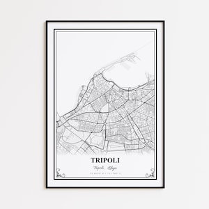 May include: Black and white framed map print of Tripoli, Libya. The map shows the city's layout with streets and landmarks. The title "Tripoli, Libya" is centered at the bottom, with coordinates below. Decorative flourishes are in the corners.