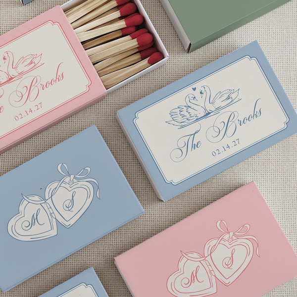 Cajas de cerillas personalizadas con medallón en forma de corazón de cisne, recuerdos de boda personalizados, obsequios para fiestas de compromiso y aniversario, regalos para invitados a la cena de ensayo.