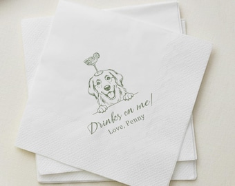 Custom Wedding Napkins, Personalized Pet Cocktail Napkins, Drinks on Me Dog Sketch, Engagement Party, Dinner Decor, Bridal Shower Supplies