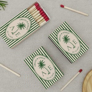 Personalized Palm Tree Favors, Custom Striped Tropical Wedding Matchboxes, Bachelorette Weekend & Bridal Shower, Beach Party Guest Gifts
