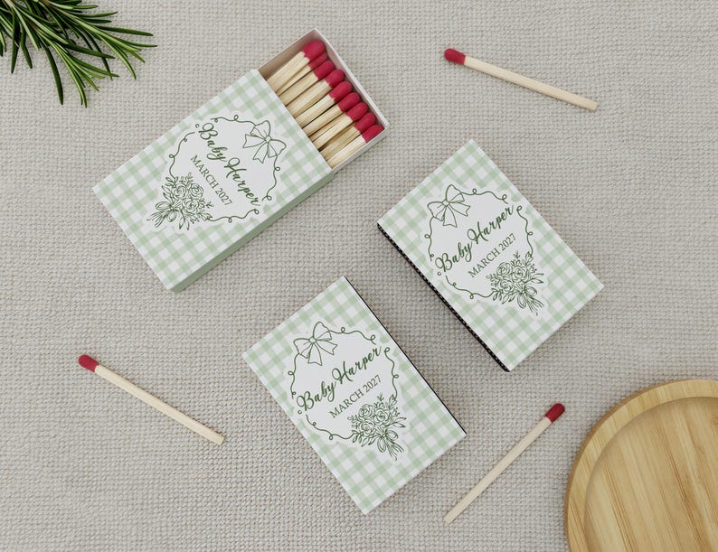 Matchboxes Patern Personalized Baby Shower Matchboxes, Gingham Floral Party Favors, 1st ...