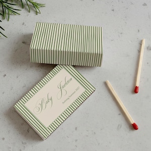 Personalized Baby Shower Matchboxes, Vintage Baby Shower Favors, Neutral Gender Reveal Gifts, Custom Striped Party Decor, Guest Keepsakes