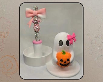 Spooky Ghost Pen Stand with Pumpkin, Rhinestone Ready (Unpainted)
