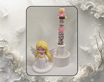 Angel Pen Stand with Catchall: Rhinestone Ready, Beadable Pen Holder (Unpainted)