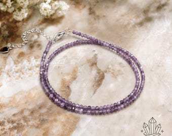 Natural Purple Lepidolite Necklace, 2mm Dainty Beaded Choker for Women, High Grade Lavender Stone Jewelry, Healing Crystal Gift N43