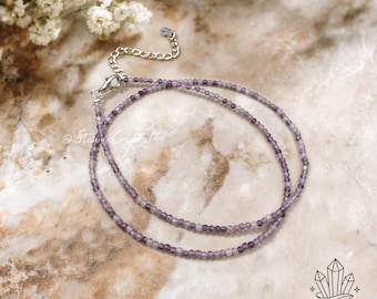 Natural Amethyst 2mm Round Gemstone Beaded Necklace, Delicate Gemstone Necklace, Healing Jewelry Gift for Women N30