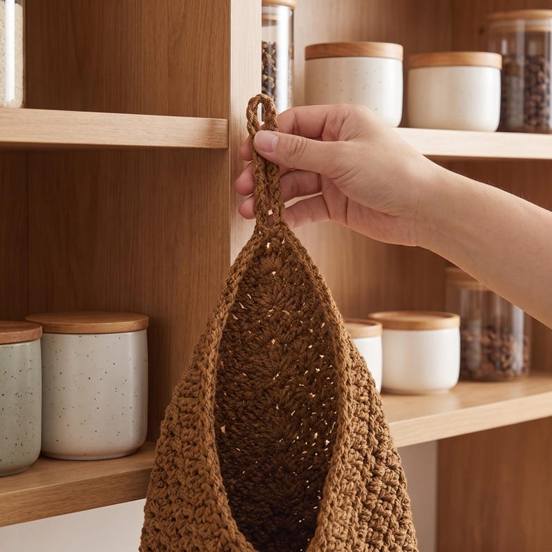 かぎ針編みの吊り下げ式フルーツバスケット、織物製野菜収納バッグ、キッチン壁掛けオーガナイザー、ボヘミアン風パントリー装飾ギフト、実用的なホームギフト、新築祝いギフト 画像 11