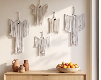 Halloween Ghost Wall Hanging, Macrame Fall Decor, Boho Witchy Accent, Spooky Seasonal Gift, Fringe Cottagecore Art, Party Backdrop