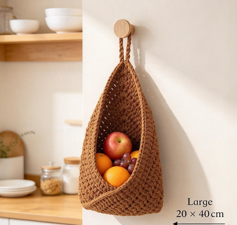 May include: A brown crocheted hanging basket with a braided handle suspended from a wooden wall hook. The basket contains an apple, two oranges, and a cluster of grapes. Text on the image indicates a size of 20 x 40 cm.