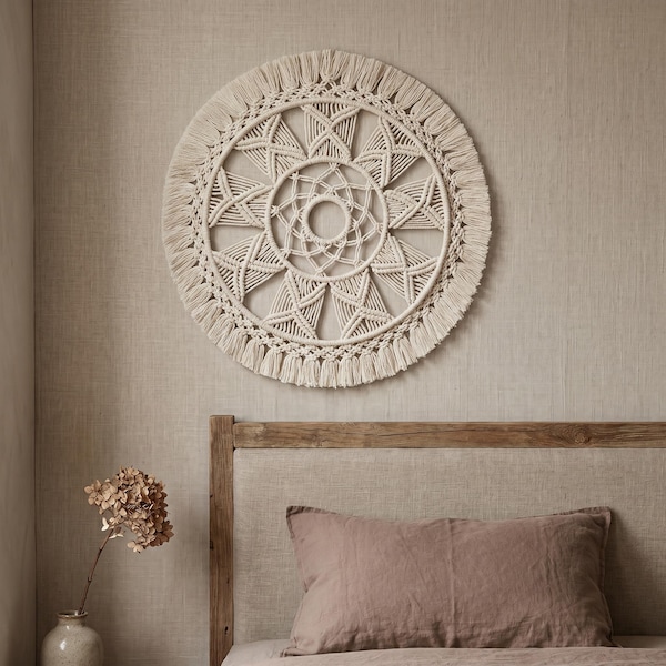 Macrame Wall Hanging Boho Tapestry, Round Woven Wall Decor for Bedroom, Nursery or Living Room Gift
