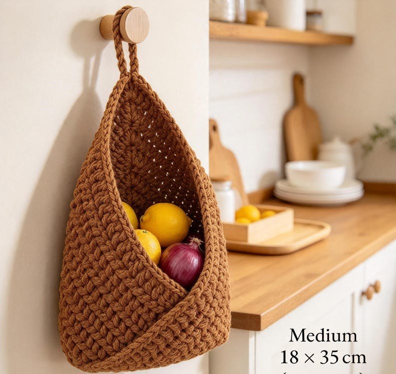 May include: A medium-sized brown crocheted hanging basket measuring 18 x 35 cm, suspended from a wooden wall hook. The basket features a thick, textured knit pattern and contains three yellow lemons and one red onion inside its open, tapered pocket.