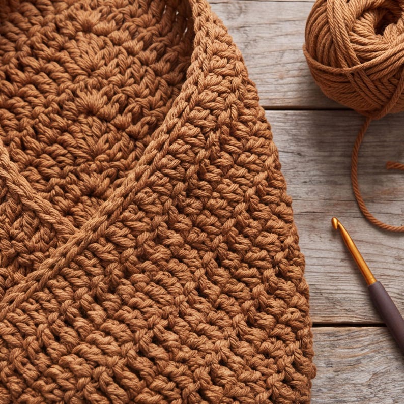 May include: A brown crocheted textile piece featuring a dense, textured stitch pattern. Beside the fabric sits a matching ball of yarn and a metal crochet hook with a dark handle, showcasing the craft process and the material used.