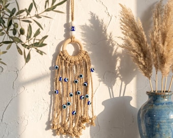 Evil Eye Hanging Ornament, Macrame Ring Car Charm, Boho Wall Decor, Protection Amulet Gift, Handmade Cotton Cord Minimalist Entryway Accent