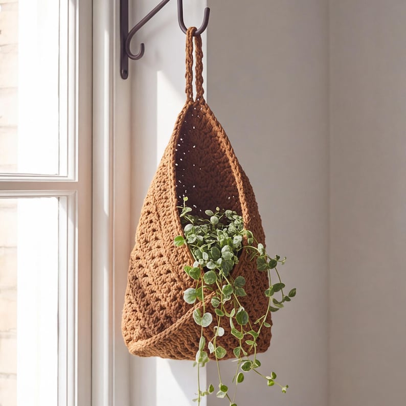May include: A rust-colored, teardrop-shaped crochet hanging basket made of thick yarn. The basket features a textured, woven stitch pattern and a single loop handle suspended from a metal hook, containing a trailing green plant.