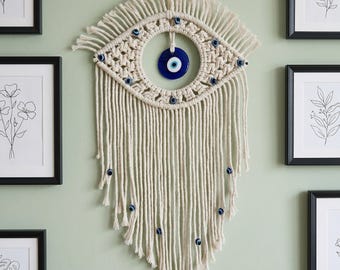 Tapiz de macramé con ojo turco, decoración bohemia para dormitorio, regalo protector para el hogar, espacio de meditación, decoración para sala de estar, decoración para recibidor.