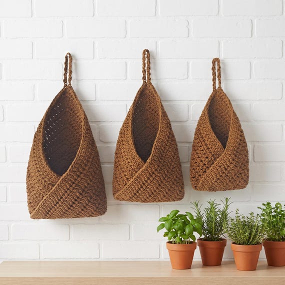 Crocheted Cotton Jute Hanging Fruit Basket, Boho Kitchen Wall Organizer