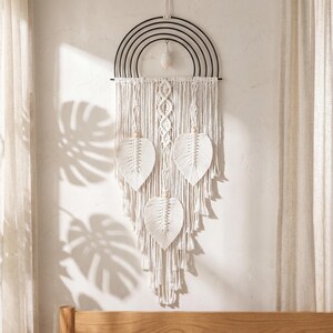 Rainbow shape macrame wall hanging, Leaf tassel boho wall decor, Bohemian Gift, Bedroom & living room, Boho decor lover gift, Reading nook