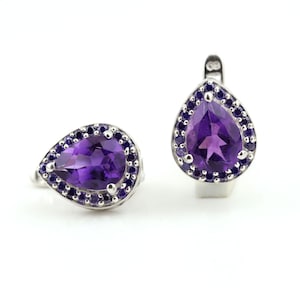 Sterling Silver Amethyst Stud Earrings: Pear Stone, Zircon Accent