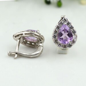 Sterling Silver Amethyst Stud Earrings: Pear Stone, Zircon Accent