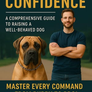 以下が含まれることがあります： 「TRAIN WITH CONFIDENCE」と「A COMPREHENSIVE GUIDE TO RAISING A WELL-BEHAVED DOG」というテキストが書かれた本の表紙。男性と大きな犬が写っています。「MASTER EVERY COMMAND FROM PUPPY TO PRO！」というテキストも表示されています。