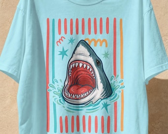 Whimsical Retro Great White Shark Shirt: Comfort Colors Ocean Lover Coastal Beach Vacation Tee