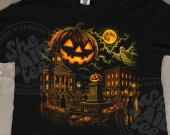 Vintage Halloween Haunted Town Shirt Pumpkin Ghost Moon Gothic Fall Spooky Night Tee Gift