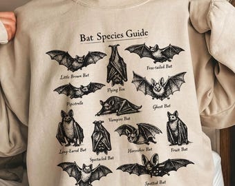 Vintage Bat Species Guide Sweatshirt Halloween Wildlife Chart Gothic Nature Lover Gift Pullover Unisex