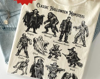 Vintage Halloween Monsters Shirt Classic Horror Creature Field Guide Gothic Spooky Season Graphic Tee