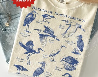 Vintage Herons North America Shirt Scientific Illustration Birdwatching Egret Nature Chart Comfort Colors Gift